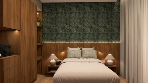 Quarto luxuoso no Feel Sintra B&B em Portugal com painéis de madeira, papel de parede damasco verde e comodidades modernas