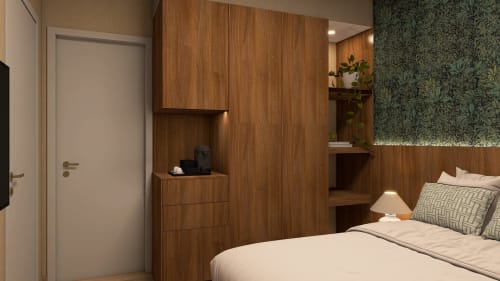 Quarto moderno na Feel Sintra B&B em Sintra com painéis de madeira, prateleiras embutidas, cama com almofadas estampadas e