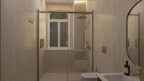 Banheiro moderno da Suite D. Maria I Feel Sintra com box de vidro, dupla bancada e janela com vista para Sintra