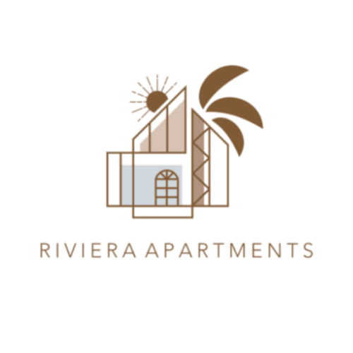 Logo Riviera Apartments con architettura moderna, sole e foglie di palma, che rappresentano l'ospitalità mediterranea