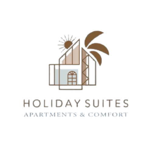 Logo di Holiday Suites Apartments & Comfort con una casa moderna, palma e sole