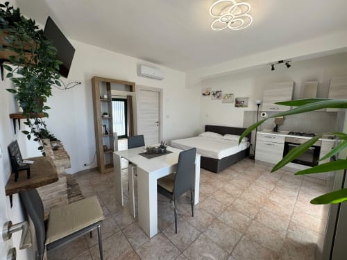 Modern Anastasia apartment in Campofilone with dining area, bed, kitchenette, and green plant accents