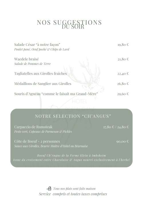 Menu du dîner de l'Hôtel Des Vosges proposant des spécialités françaises : salades, pâtes et plats de boeuf