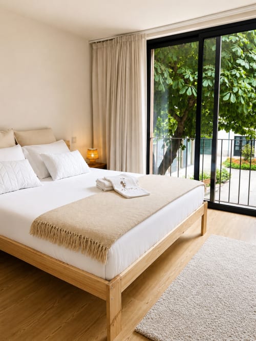 Quarto luminoso com cama de madeira, roupa de cama branca e portas para terraço com vista para árvores verdes em Terra Clara Studios, Esposende