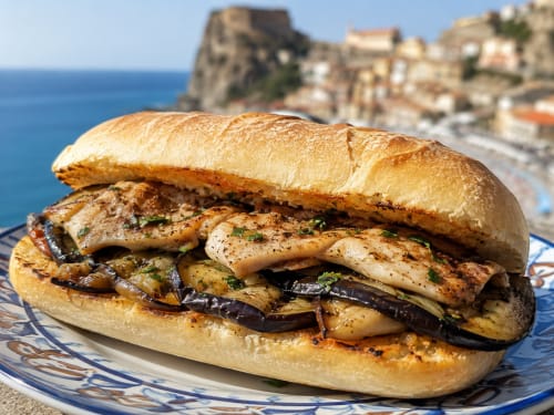 Gegrilltes Auberginen- und Hühnchensandwich im B&B Pellicano mit Blick auf die mediterranische Küste von Reggio Calabria