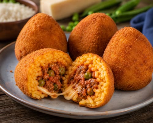 Goldbraun frittierte Arancini mit Fleischfüllung im B&B Pellicano in Reggio Calabria, Italien