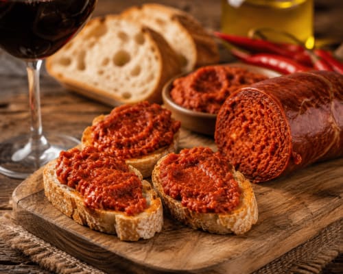 Spanisches Paprikaaufstrich auf Brot mit roten Paprikaschoten, Wein und Olivenöl im Pellicano Guest House, Reggio Calabria