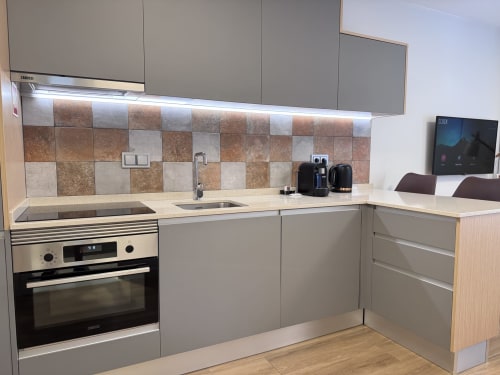 Cuisine moderne du Studio Orange, RIA CENTRUM Smart Residence Aveiro avec armoires grises, dosseret en carrelage brun et inox