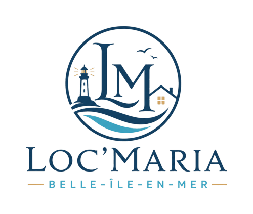 Logo Loc'Maria Belle-île-en-Mer avec phare, maison et design côtier