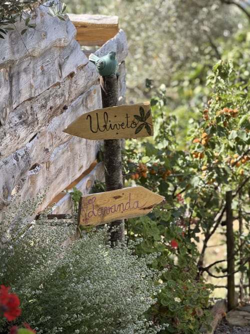 Wooden directional signs reading 'Uliveto' and 'Lagonda' in lush garden at Agritusmo Stecadò, Dolceacqua