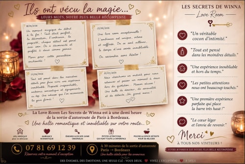 Dépliant de séjour romantique Les Secrets de Winna Love Room avec témoignages de clients près de Niort, Deux-Sèvres