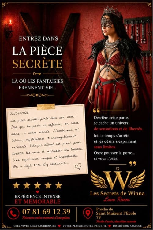 Affiche promotionnelle Les Secrets de Winna Love Room : femme élégante en rouge et or, séjour romantique