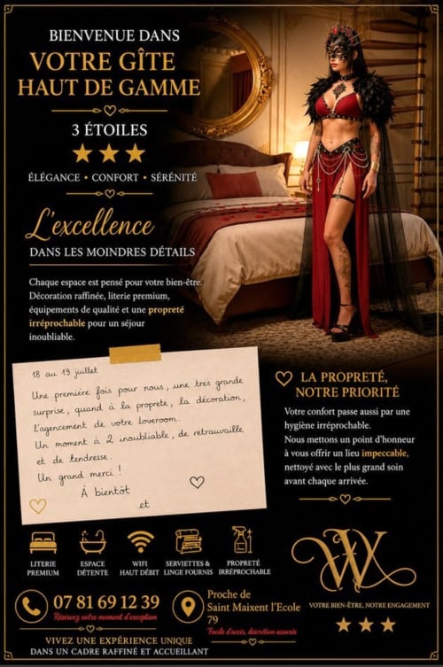 Chambre d'amour 3 étoiles luxe en Nouvelle-Aquitaine, décor élégant, couple au lit, équipements premium et ambiance romantique.