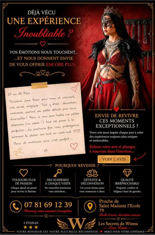 Dépliant promotionnel Les Secrets de Winna Love Room avec femme élégante en rouge, offrant des expériences d'escapade romantique