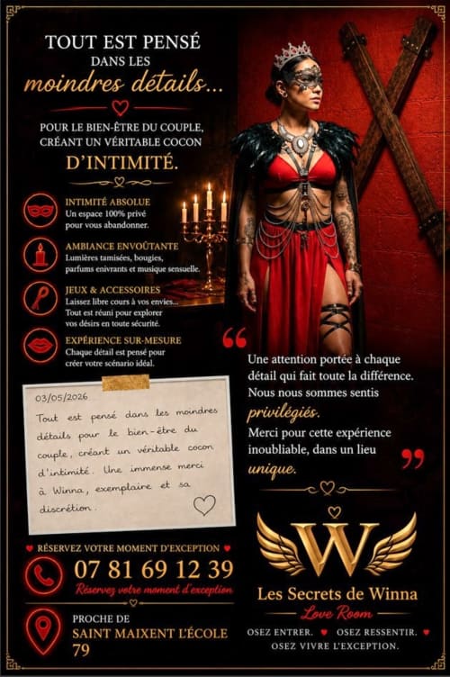 Affiche promotionnelle Les Secrets de Winna Love Room proposant une expérience romantique intime en Deux-Sèvres, France