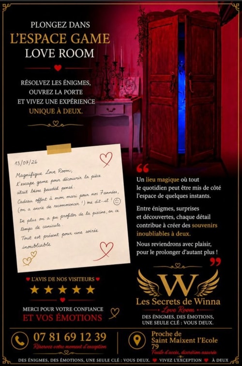 Affiche du jeu d'évasion Les Secrets de Winna Love avec décoration rouge romantique, témoignage client et détails de réservation