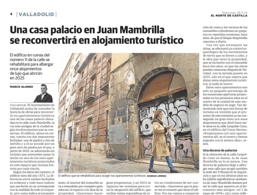 Palacio histórico en la calle Juan Mambrilla de Valladolid convertido en apartamentos turísticos de lujo, con fachada de piedra