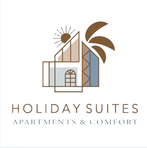 Holiday Suites Apartments & Comfort logo featuring modern building, palm tree and sun in Pesaro