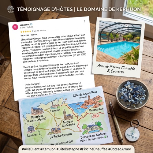 Avis client du Gîte de Ker Huon avec piscine chauffée, carte et équipements en Bretagne