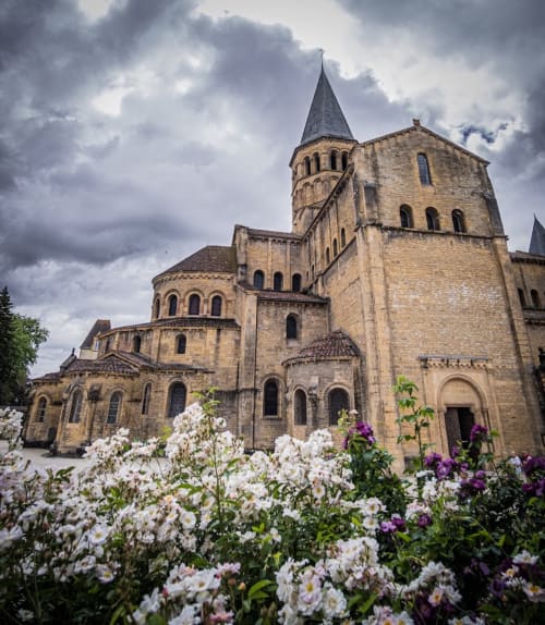 Église abbatiale romane de Cluny avec fleurs blanches et violettes au premier plan