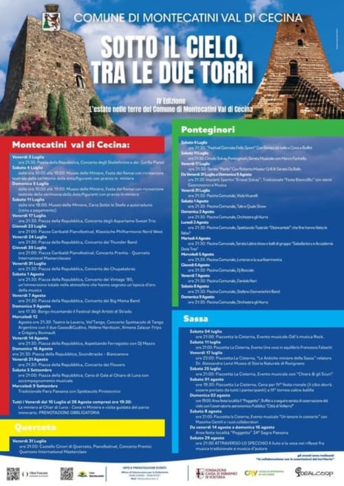 Manifesto della festa estiva di Montecatini Val di Cecina con eventi sotto due torri