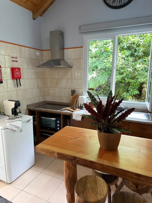 Cozinha moderna da Casa Cantinho do Urzal no Refúgio do Nevoeiro, São Vicente, com mesa de jantar em madeira, fogão e jardim
