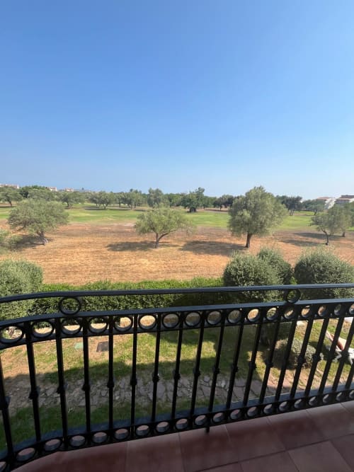 Vista desde el balcón de los olivares y campos verdes del apartamento Home Guardian Services en Sant Jordi