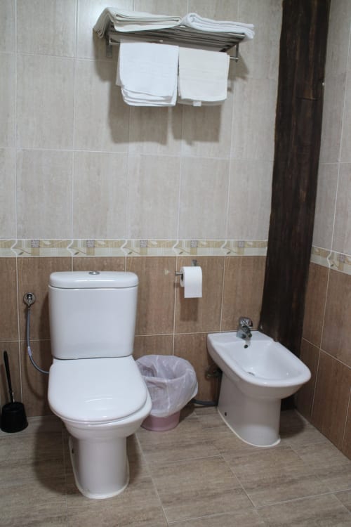 Baño limpio del Mesón Hotel El 21 en Níjar con inodoro blanco, bidé, toallero y paredes alicatadas