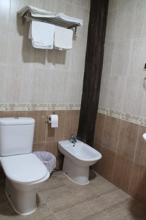 Baño limpio con inodoro, bidé y toallero en el Hotel Mesón El 21 de Níjar