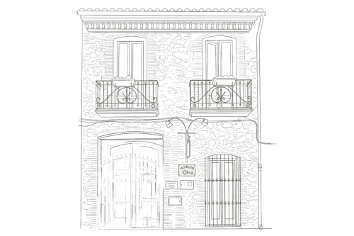 Croquis arquitectónico de la fachada del Hotelito Oliva en Oliva, España, con muros de piedra, balcones ornamentales y planta baja