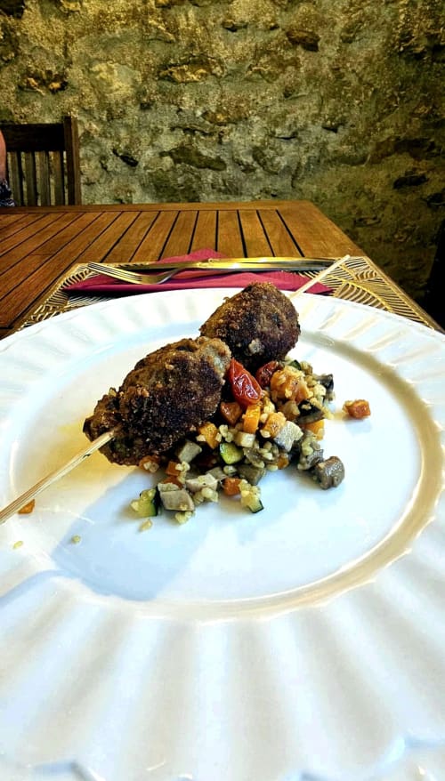 Gourmet plated meat and vegetable dish at Aux Prés Du Berry bed and breakfast in Chavin, France