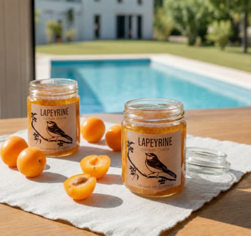 Pots de confiture d'abricots Lapeyrine au bord de la piscine du Domaine de la Peyrine, Carignan de Bordeaux