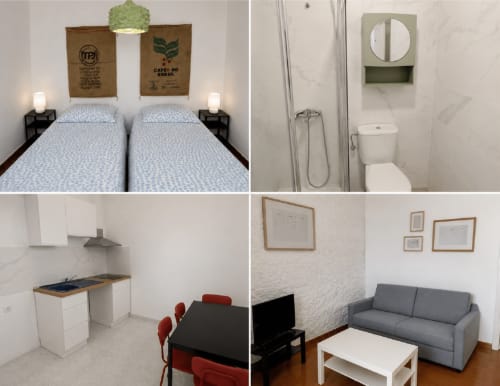 Apartamento privado Casa da Anita em Porto Santo com quartos, banheiro, cozinha e sala com mobiliário moderno