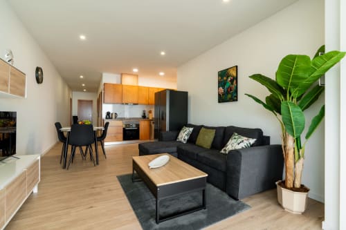 Modern apartment living room with black sofa, wooden coffee table, kitchenette, and potted banana plant at Michaels Garden in