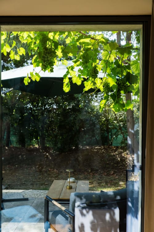 Vue du jardin depuis le balcon de la Suite Chickadee au Domaine de la Peyrine, avec vignes luxuriantes et terrasse ombragée à Carignan