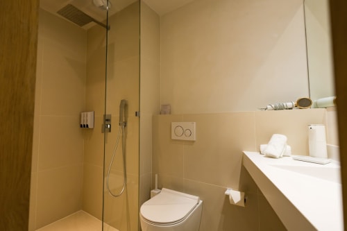 Salle de bain moderne de la Suite Robin à Domaine de la Peyrine avec douche, toilettes et vasque dans les tons beige