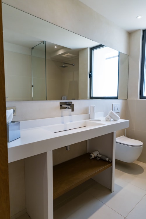 Salle de bains moderne de la Suite Pinson à Domaine de la Peyrine avec vasque blanche, miroir et douche à l'italienne