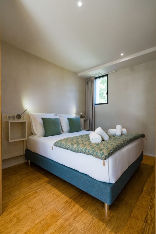 Suite Tourterelle à Domaine de la Peyrine avec lit queen, oreillers verts, draps blancs et parquet