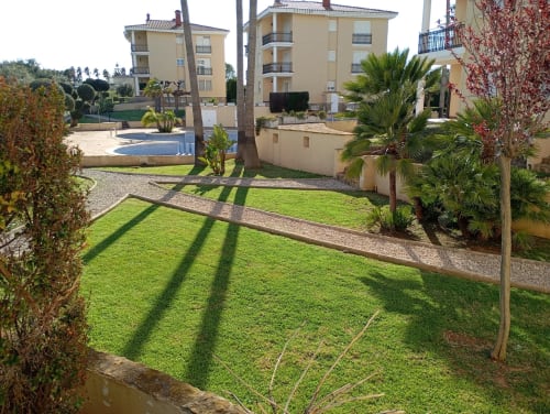 Vista soleada del jardín del apartamento Olivos del Sol en Sant Jordi con palmeras, césped verde, valla de madera y piscina