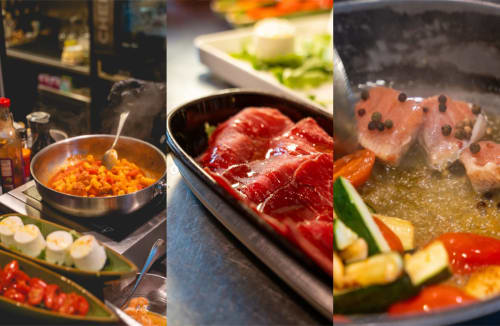 Gourmet hotpot dining at The Kraken Inn Bergamo: simmering broth, raw meats, and fresh vegetables