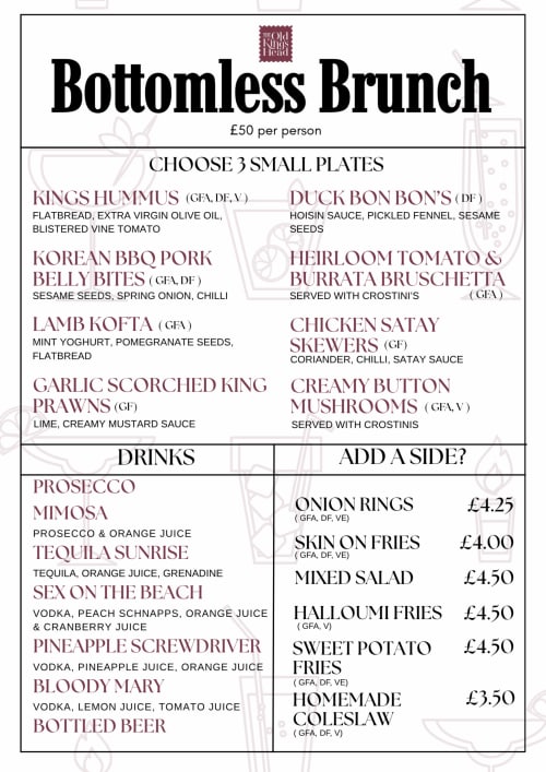 Old Kings Head bottomless brunch menu at £50pp with small plates, drinks and sides in Kirton