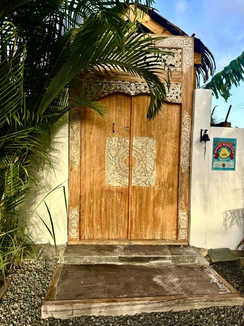 Porte en bois finement sculptée à l'entrée de l'appartement Tiki Kaz à Saint François, encadrée de palmes tropicales et de murs blancs