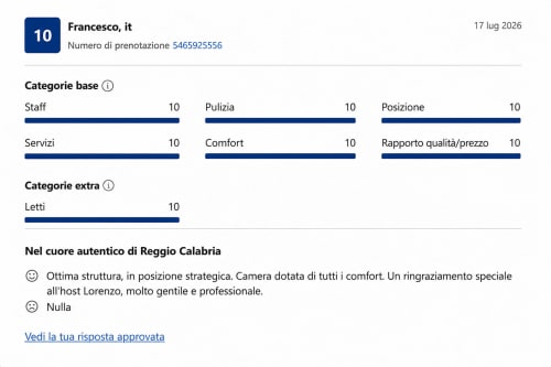 Recensione 10/10 di Francesco per il B&B Pellicano Guest House a Reggio Calabria, elogiando lo staff e il comfort