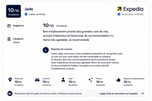 Recensione Expedia della Pellicano Guest House a Reggio Calabria con valutazione Eccellente 10/10 e feedback positivo degli ospiti