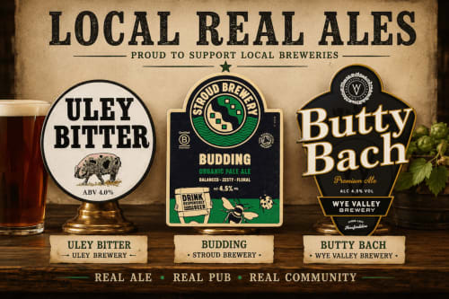 Local Real Ales display featuring Uley Bitter, Budding, and Butty Bach from Stroud breweries at Star Inn B&B