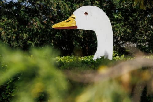 Sculpture de canard blanc au bec jaune dans la verdure du jardin du gîte Les Petits Toits à Galgon