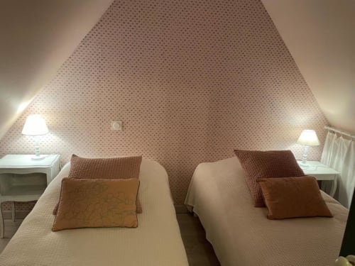 Deux lits jumeaux dans la chambre du gîte Les gîtes du grand saule, Tardinghen, avec papier peint à motifs et vue sur le jardin