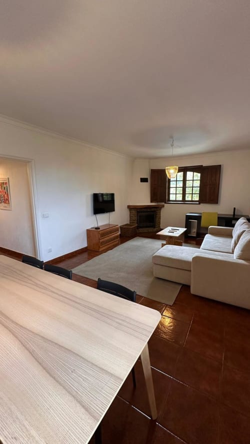 Ampla sala de estar no Quinta de Carvalhal em Guimarães com lareira, sofá creme, TV e vistas para o jardim