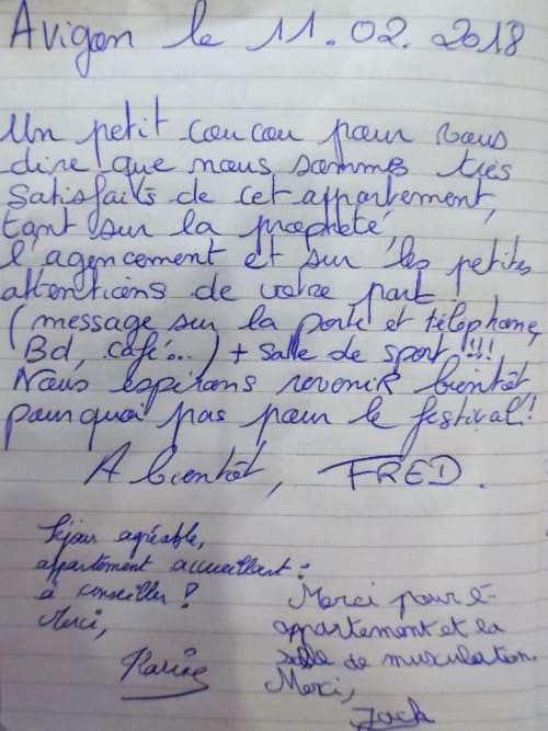 Lettre manuscrite du gestionnaire immobilier Fred concernant l'appartement d'Avignon, datée du 2 novembre 2018
