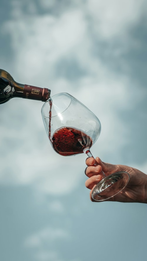 Du vin rouge versé dans un verre sous un ciel nuageux à La Maison sous les Vignes, gîte viticole français